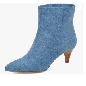 miss left Denim Blue Kitten Heel Ankle Boots Pointed Toe Low Heel Pull On Bootie